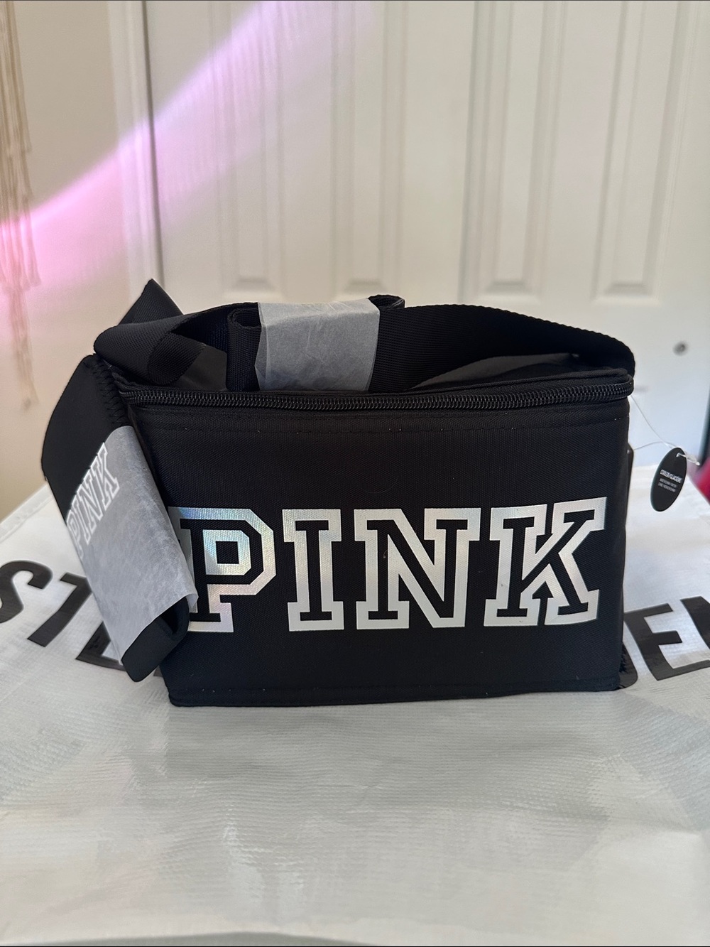 PINK Victoria's Secret Black Travel Cooler Bag with White Logo and Can holder